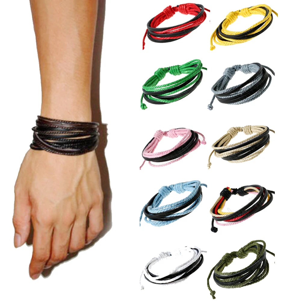 Fashion Men`s Leather Weave Button Band Wrist Hand Wrap Chain Bracelet  Bangles