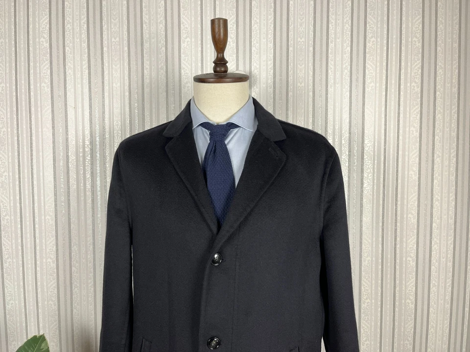 Kiton Napoli Dark Blue Pure Cashmere Leather Trim Overcoat Coat 48, EU 58 - Image 2 of 4