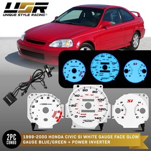 BLUE/GREEN Glow Gauge White Overlay For 99-00 Honda Civic Si 9500 RPM Cluster