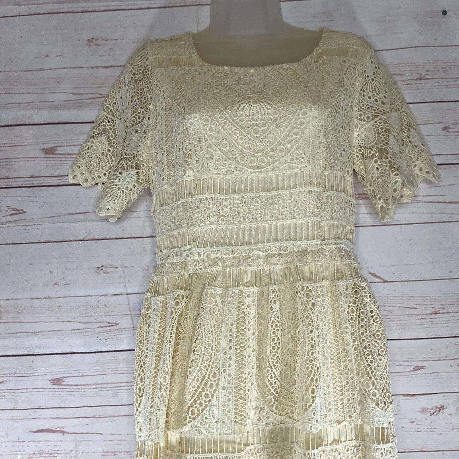 OFF WHITE Abito Polagram stile uncinetto pizzo panna taglia S