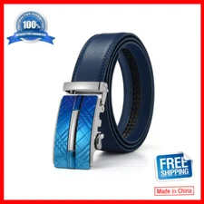 Trend Men's Belt Automatic Buckle Belt Blue Leather Ratchet Strap Dress Jeans