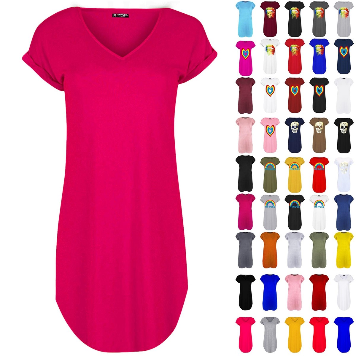Womens Ladies Baggy Plain Curved Hem Oversized Turn Up Sleeve T