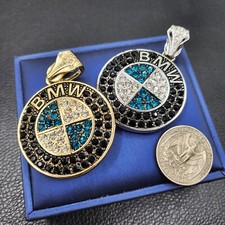 Car Logo Medal Round Pendant Iced Bling Cubic Zirconia Hip Hop Style Jewelry