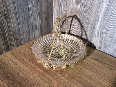 Vintage Gold Wire Basket And Matching Scalloped Glass Dish Insert E2