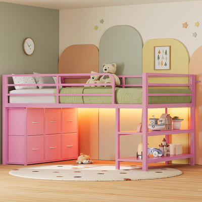 Low Loft Bed Twin Size with 6 Storage Drawers, Twin Loft Bed with LED Lights, Me