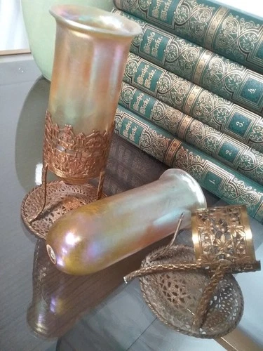 ANTIQUE TIFFANY FAVRILE GLASS BUD VASE SET LOUIS COMFORT