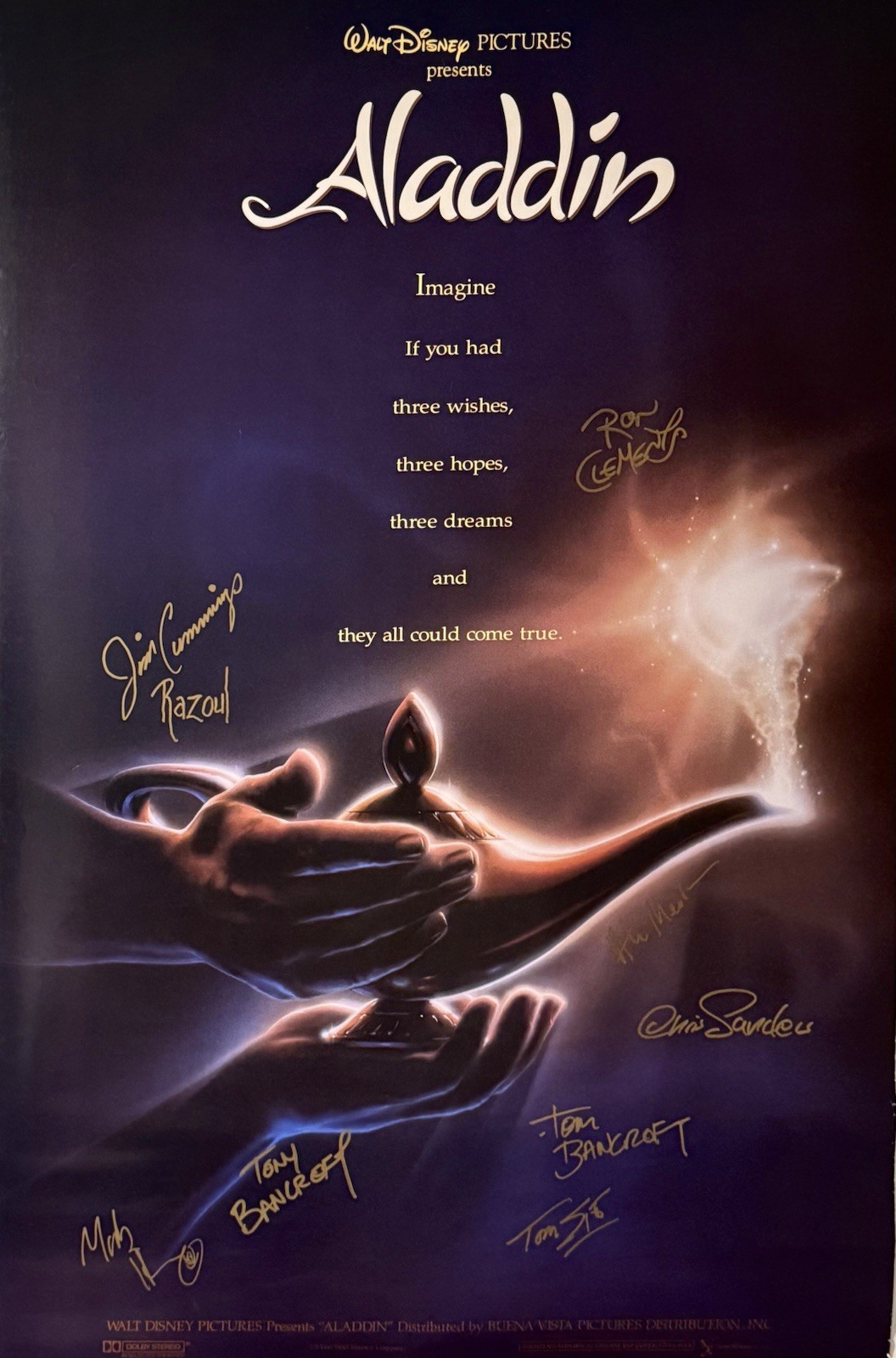 Póster de la película firmado por Disney Aladdin por el equipo de reparto SWAU Ron Clements Alan Menken