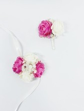 Hot Pink Rose Wrist Corsage Wristlet Band Bracelet and Men Boutonniere Set fo...