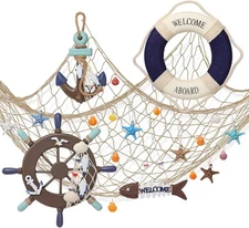  11 Pcs Wooden Nautical Wall Decor Fishing Net Decoration, Include Brown