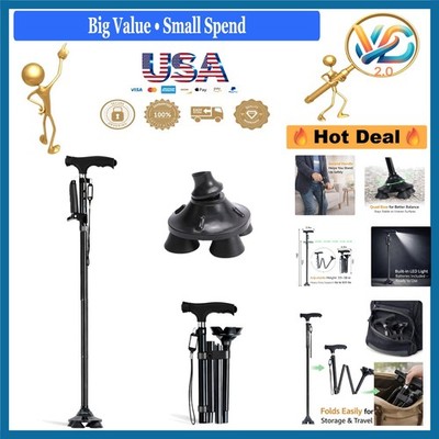 Heavy Duty Folding Walking Cane with LED Light Aluminum Adjustable Black