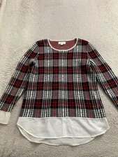 ELLE Women Plaid Long Sleeve Crew Neck Pullover Sweater Multicolor Size S
