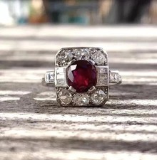 Art Deco Style Ruby Lab Created Diamond 14K White Gold FN Engagement Ring