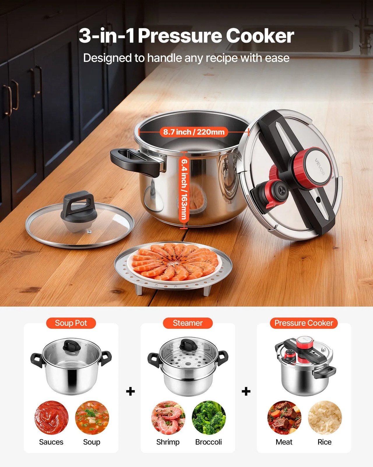 Pressure Cooker, 6.3Qt Pressure Cooker Stainless Steel, Pressures Canner with St