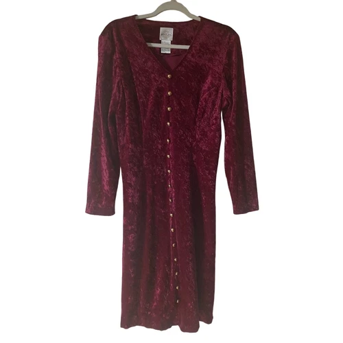 Abito MIDI vintage velluto schiacciato stravagante gotico San Valentino bottoni davanti pizzo bordeaux