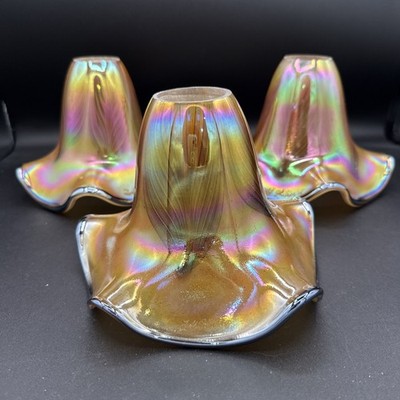 3 Art Glass Iridescent Light Pendant Shade Signed Todd Phillips Quoizel Handmade