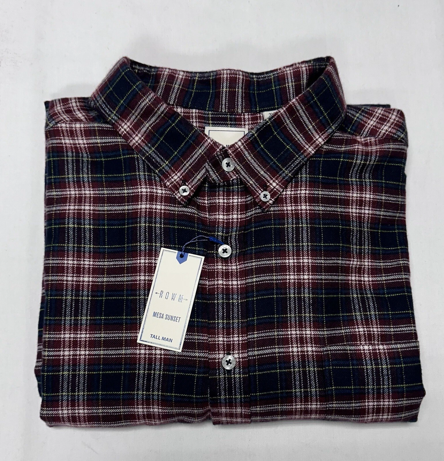 Rowm Mens Shirt Top 3XB Button Down Long Sleeve 100% Cotton Plaid Burgundy Nay