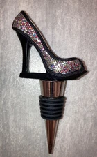 Silver Sequin High Heel Shoe Bottle Stopper Top Wine