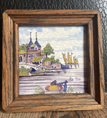 Portuguese Pottery Wooden Framed Scenic View 6 1/2  Sq Preowned  VTG