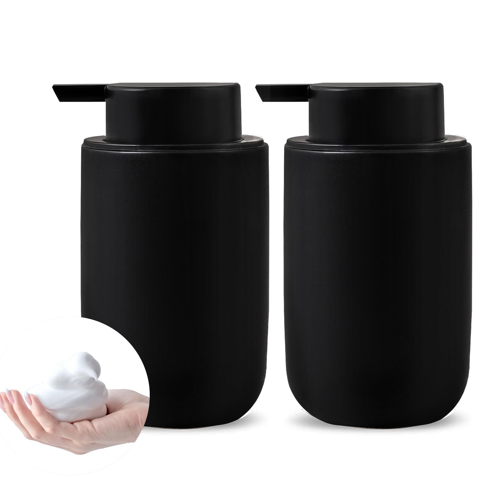 Foam Soap Dispenser Set - 2 Pack Black Ceramic Foaming Dish Hand Soap Dispens...-image