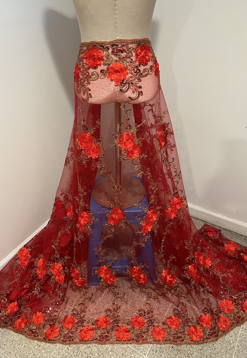 RED GOLD Sequins Embroidery Lace Fabric 50” Width Yard - Main Image