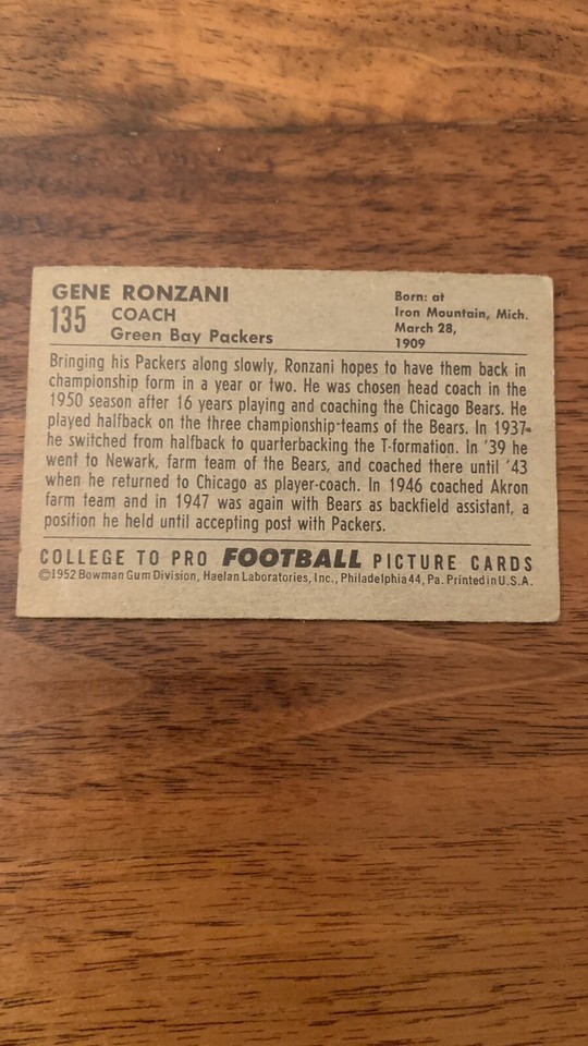 1952 Bowman Small Football Card #135 Gene Ronzani-Green Bay Packers. | eBay