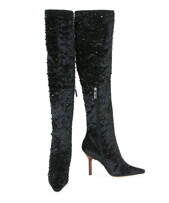 New Tom Ford for Gucci F/W 1999 Black Velvet Onyx Beaded Over Knee Boots It 37