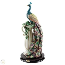 CROSA COLLECTION REGAL PEACOCK PERCHED ON URN STATUE ELEGANT BIRD SCULPTURE
