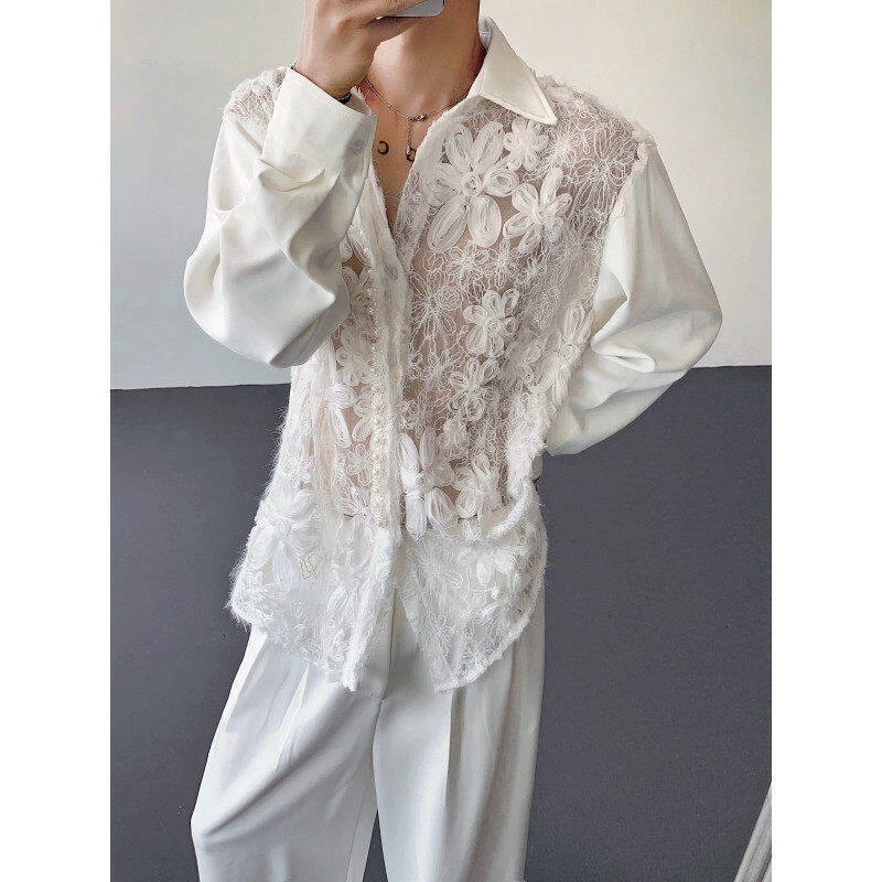 Mens Flower Hollow Lace Pearl Luxury Dress Shirt Long Sleeved Loose Casual Shirt - Image 4 of 4