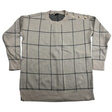 LOFT Beige Windowpane Knit Sweater 3/4 Sleeve Button Detail Knit Cotton Sz M