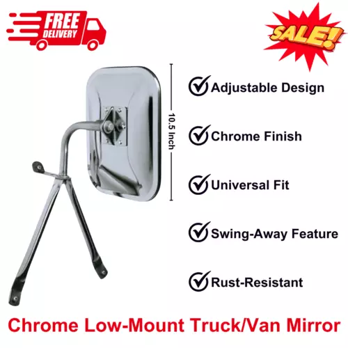 Chrome Low Mount Truck or Van Mirror, Adjustable, Universal Fit, Easy to Install