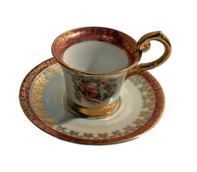 VTG Crown PM GDR Martinroda Luster Porcelain Courting Scene Demi Cup & Saucer
