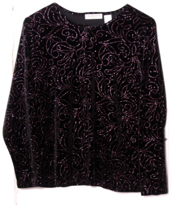 NOTATIONS VELVET BLOUSE ladies size 14/16W black pink glitter print stretch