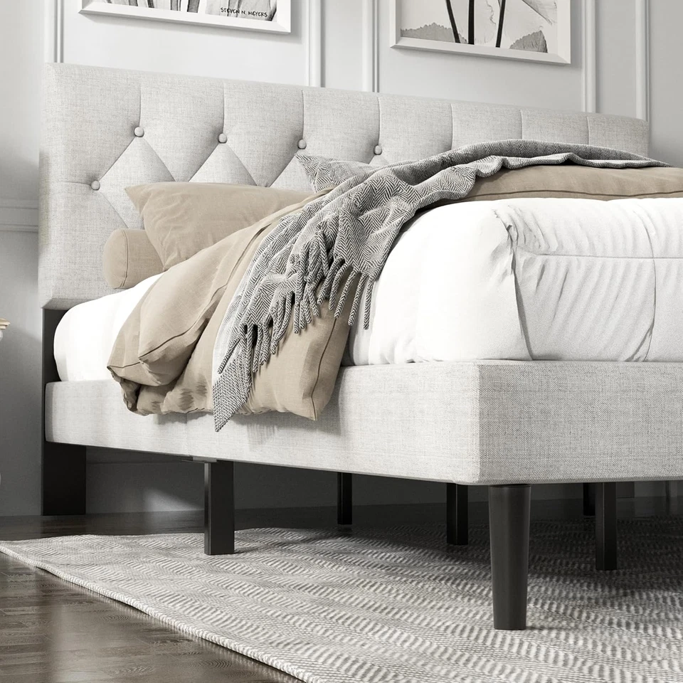 King Size Platform Bed Frame with Upholstered Button Tufted Headboard, Mattress - Image 4 of 4