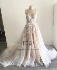 Bohemian Champagne Ivory 3D Flowers Wedding Dress Bridal Gown Custom made Corset