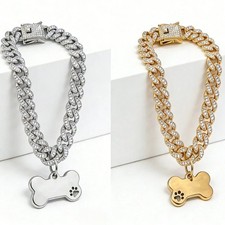 2Pcs Dogs Gold Silver Plated Bling Cuban Link Chain Collar Bone Pendant Jewelry