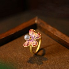 Natural Pearl Butterfly Ring Luxury 18K Gold Plated Adjustable Ring