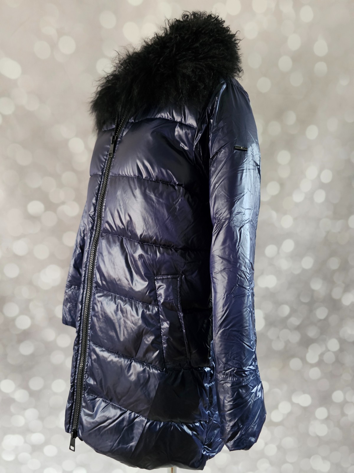 Liu Jo Women’s Long Puffer Coat Fur Collar Blue Night Shiny Parka Size EU 42 NWT image 5