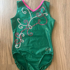 Ozone Girls AXS Sleeveless Green Gymnastics/Dance Leotard missing a few sequins