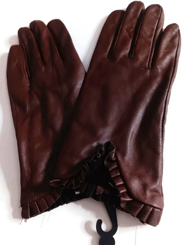 Women's XXL Ruffle Cuff Leather Gloves, Brown
