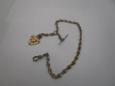Antique Gold Filled Pocket Watch Chain with Skull & Cross Bones Enameled Fob