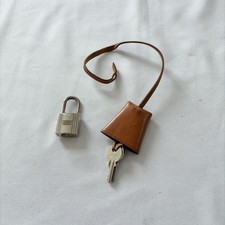 HERMES Cadena Padlock Key Clochette Set Silver Brown Leather Bag Charm Accessory