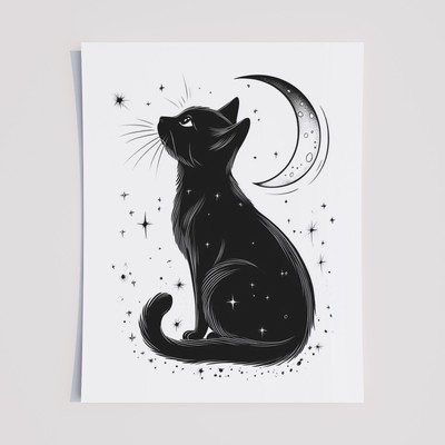 Mystical Black Cat & Crescent Moon Wall Art   Witchy Celestial Gothic Cat Print