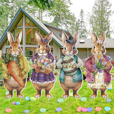 Vintage Bunny Easter Yard Signs - 4 Pcs Metal Outdoor Decor with Stakes