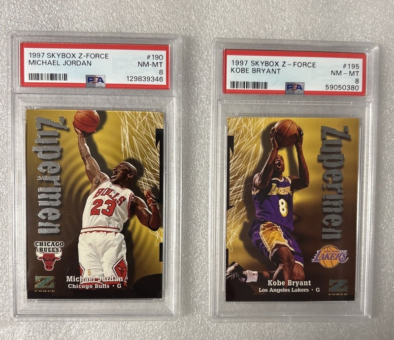 1997 SkyBox Z-Force Zupermen Michael Jordan #190 & Kobe Bryant #195 PSA 8