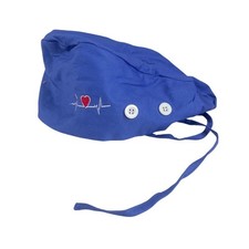 Blue Adjustable Medical Scrub Cap Blue New WOT Embroidered Heartbeat Buttons