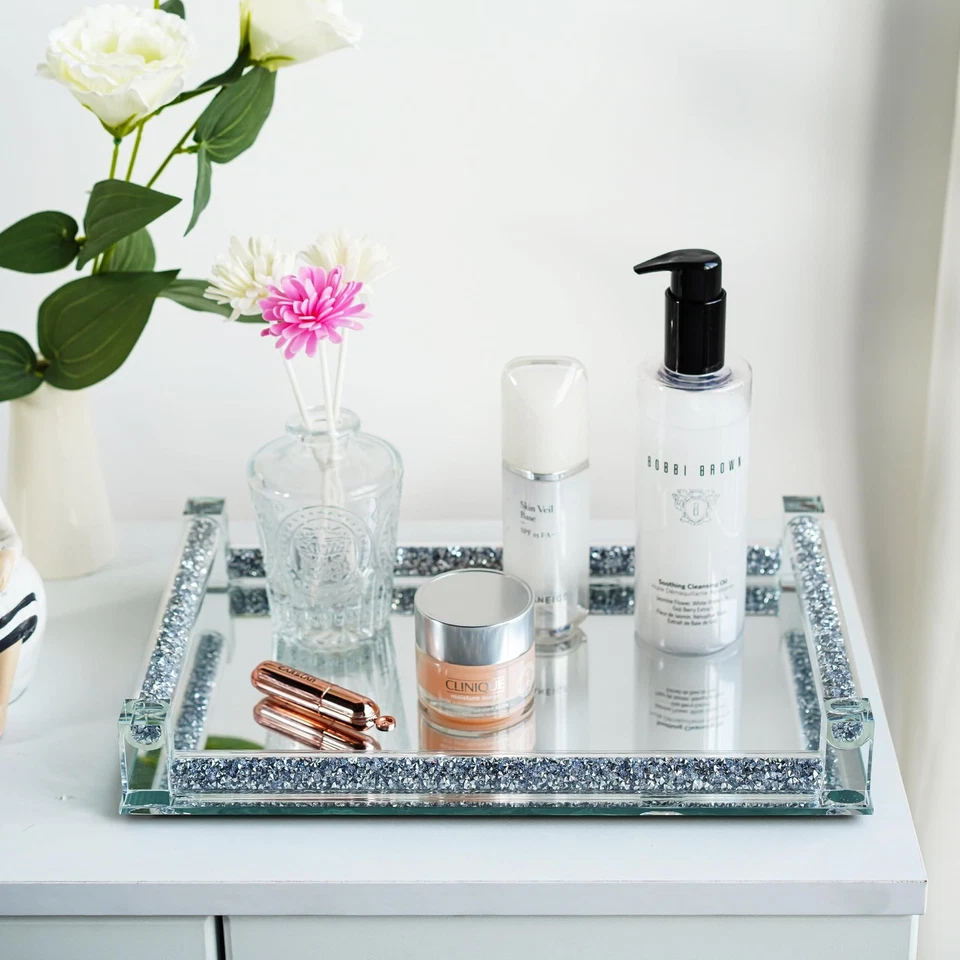 Bandeja de Perfume Espejo, Bandeja de Tocador de Cristal Llena de Diamante Triturado, Decora... Foto 4 de 4