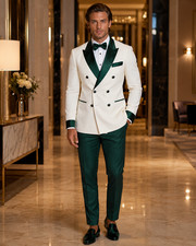 Mens Ivory Green Tuxedo Suit with Satin Lapel Luxury Wedding Groom Prom Outfit