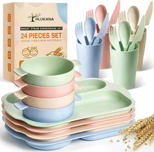 24 Pcs Wheat Straw Dinnerware Cutlery Set, Unbreakable Tableware Set, Including 