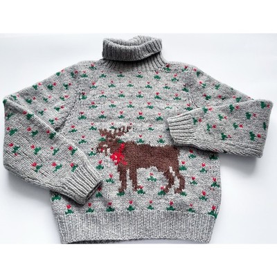Vintage The Eagles Eye Gray Wool Moose Holiday Turtleneck Sweater Size S/M