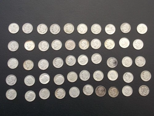 90%  Silver Roosevelt Dime Roll Of 50  $5.00